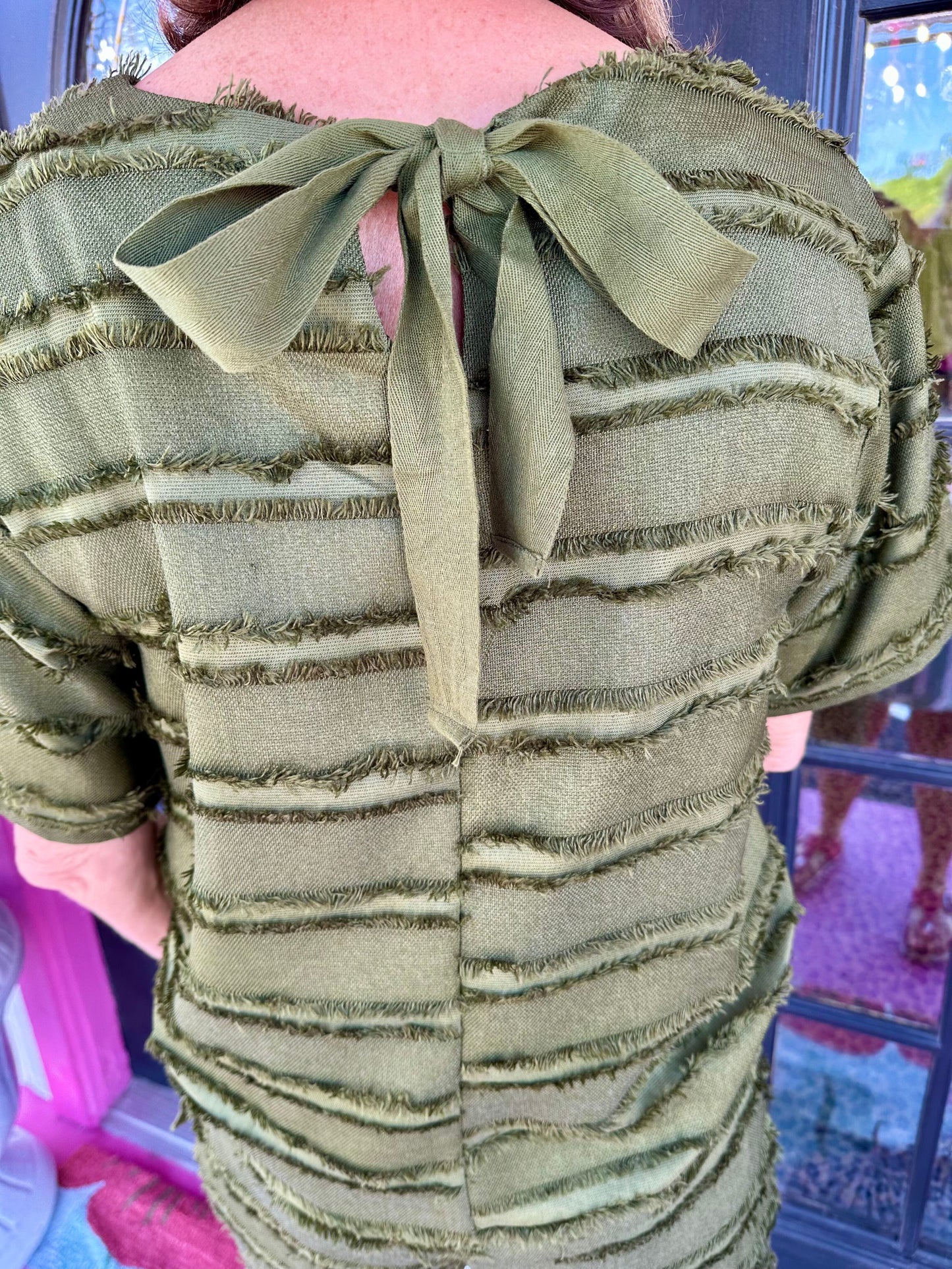 Olive Fringe Ribbon Tie Skirt Set