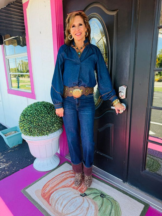 Denim High Low Wide Slv Top