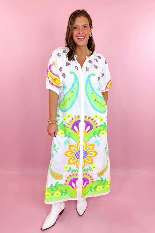 White & Neon Paisley Midi Dress