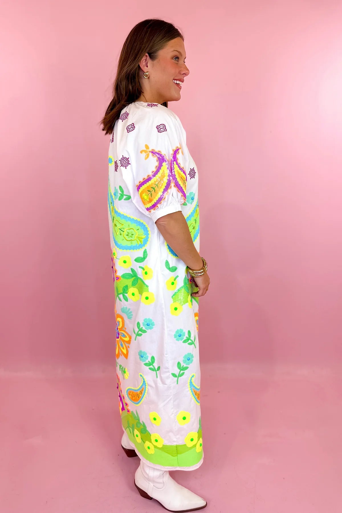 White & Neon Paisley Midi Dress