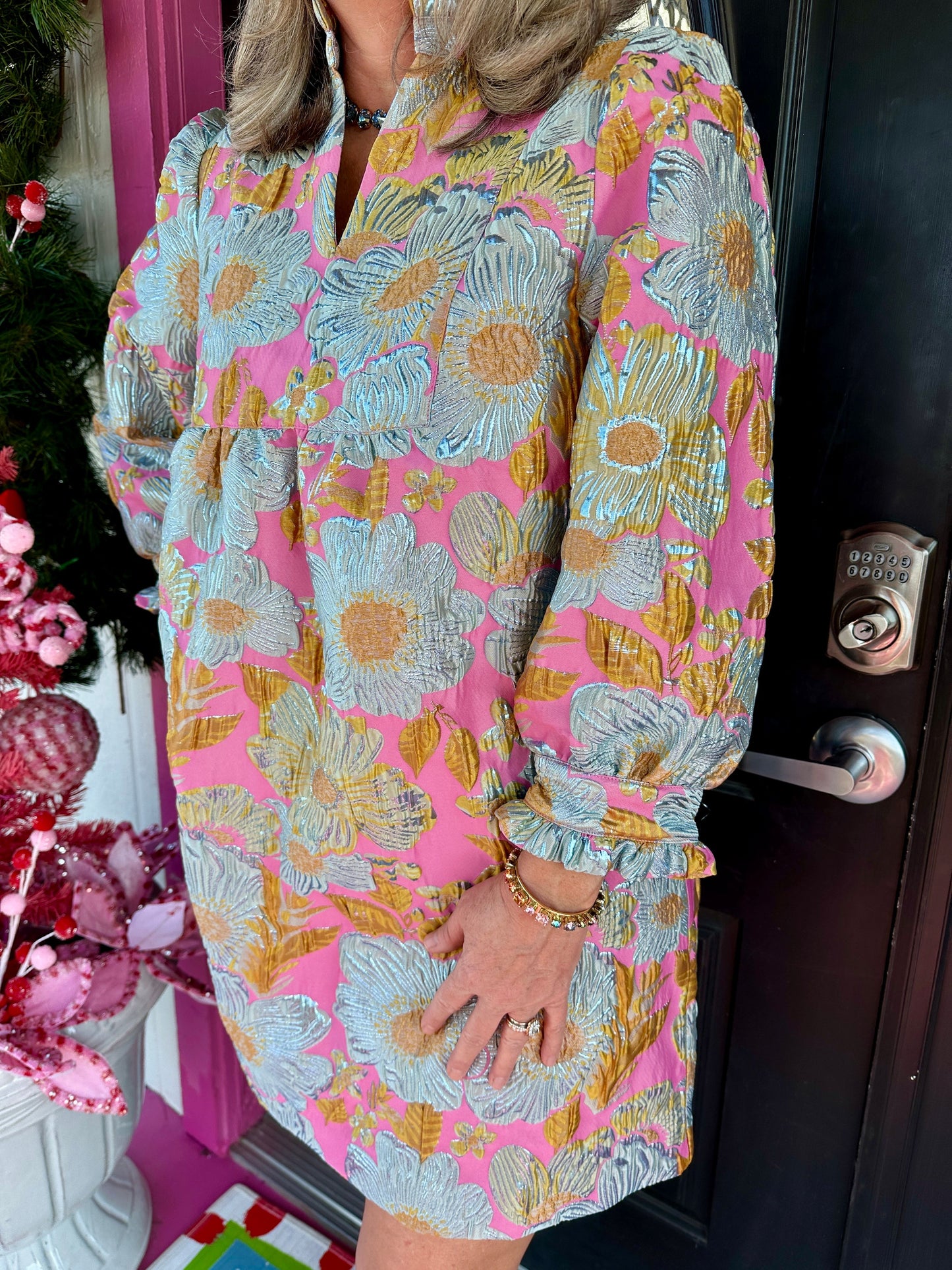 Pink Brocade Ruffled Trim Dress