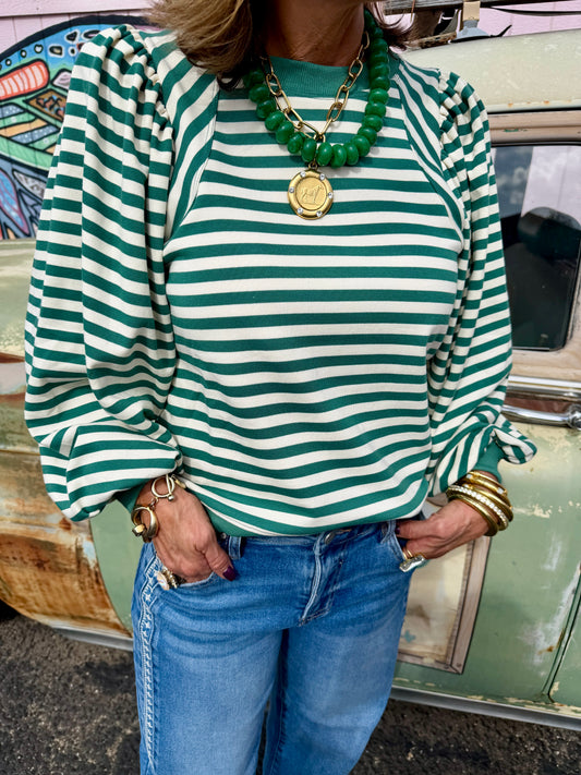 Green & Wht Striped Puff Slv Top