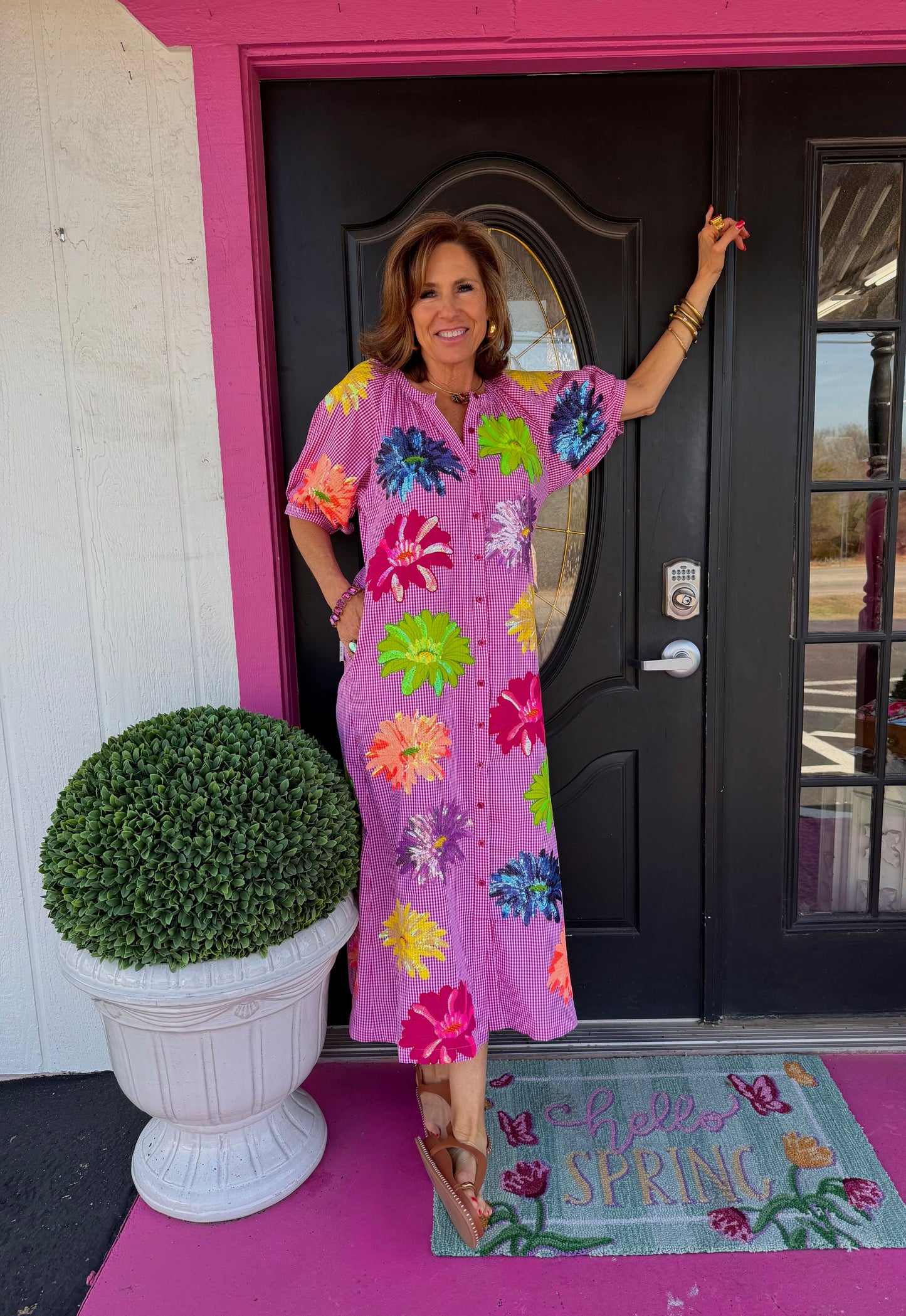 Pink Gingham Flower Midi Dress