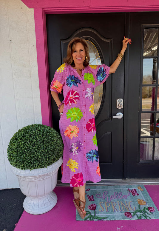 Pink Gingham Flower Midi Dress