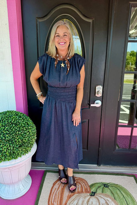 Slvless Denim Dress W/Side Slit