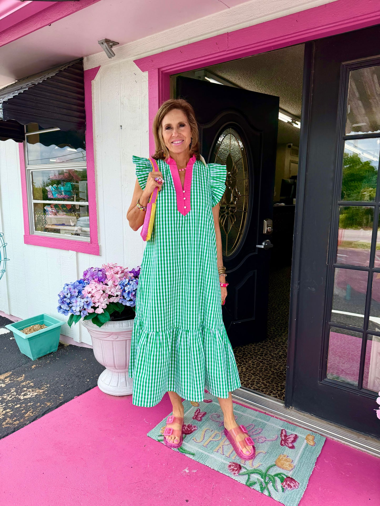 Green Gingham Pink Trim Maxi