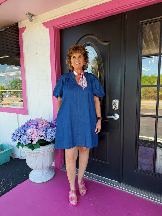 Denim Button Puff Slv Mini Dress