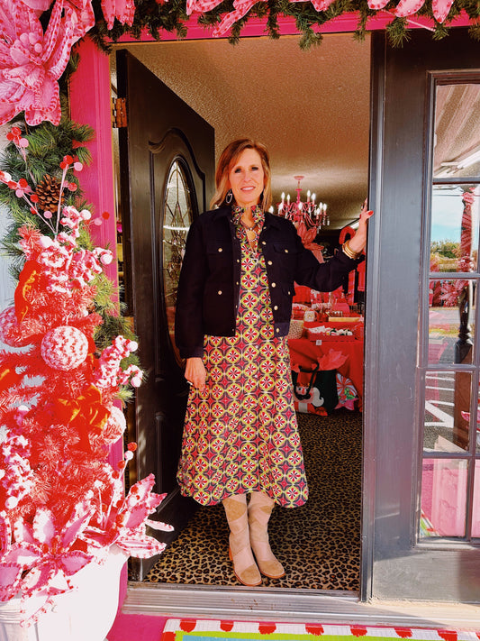 Wine Green Patterned Long Dress