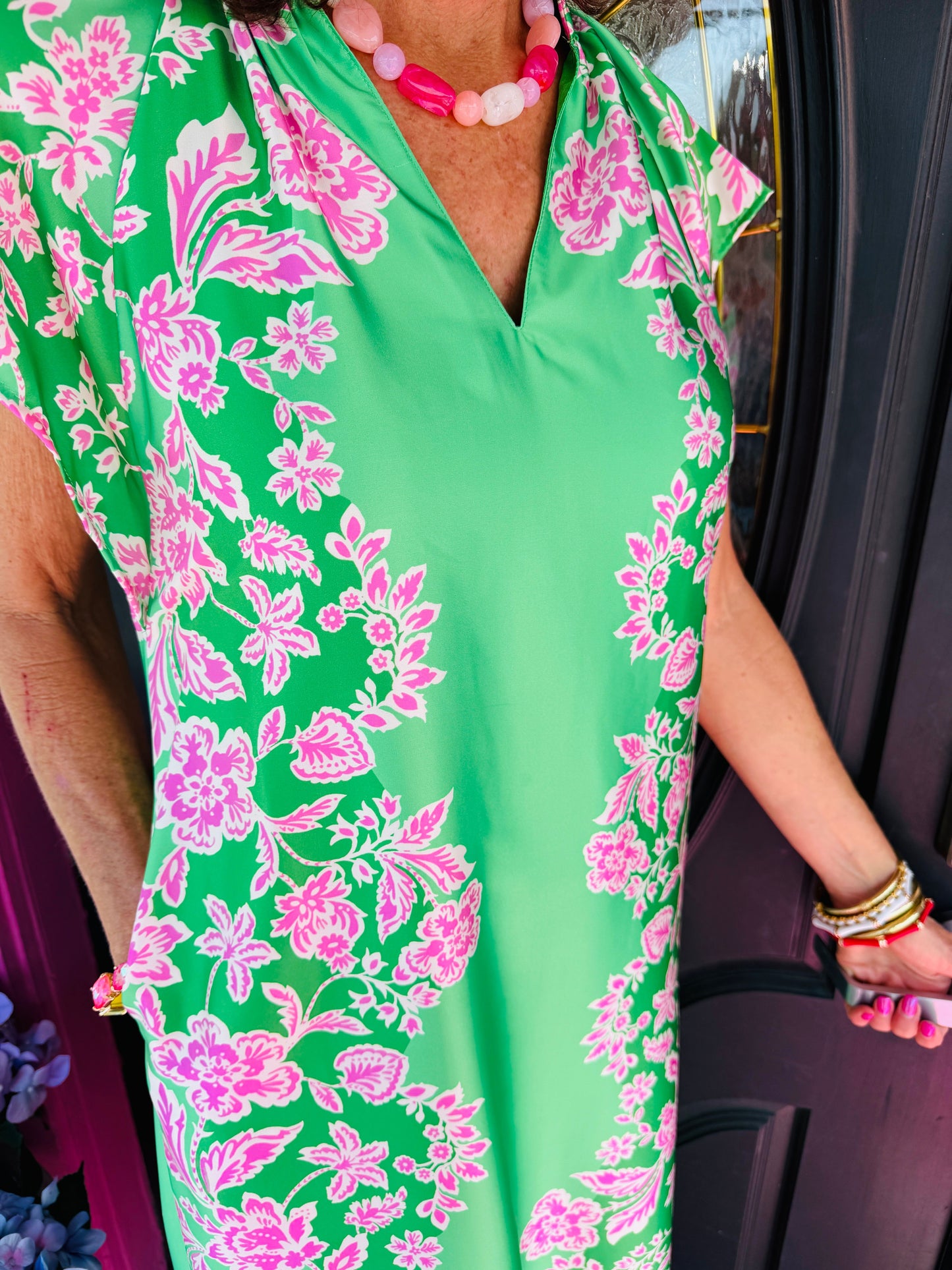 Green Satin Floral Dress