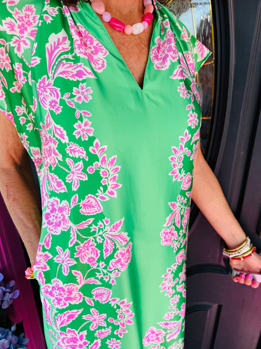 Green Satin Floral Dress