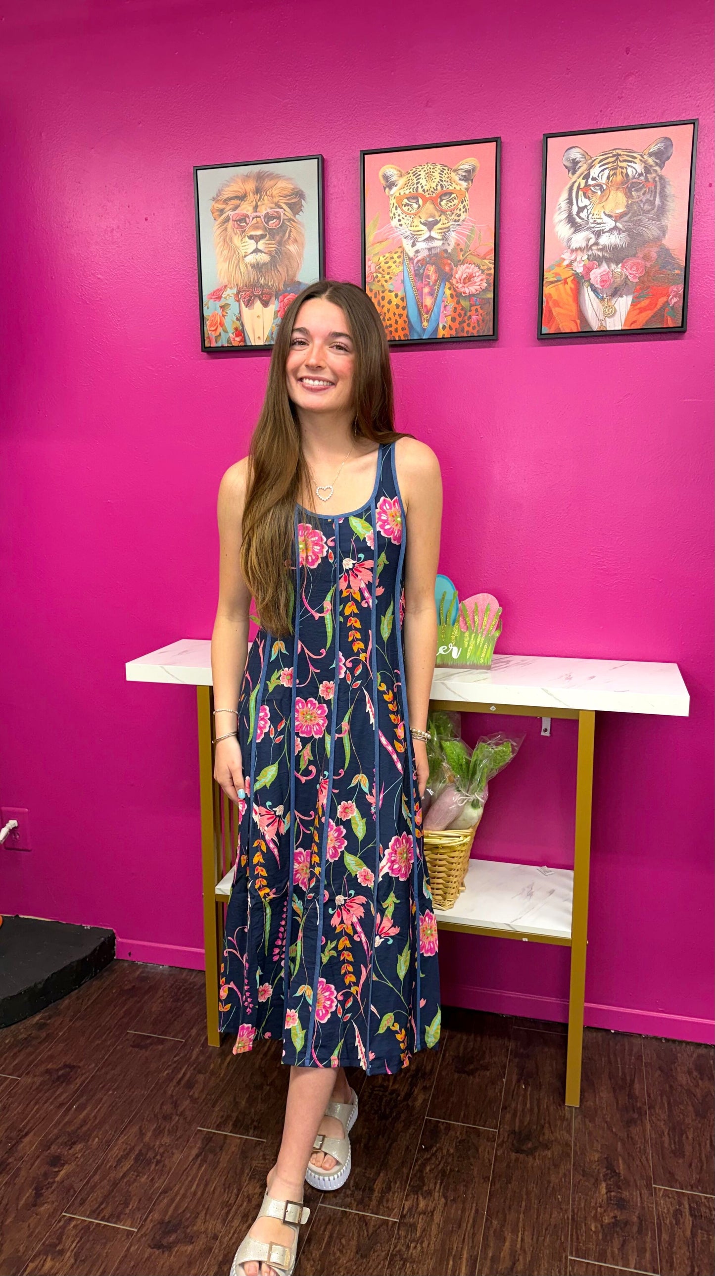 Navy Thin Strap Floral Dress