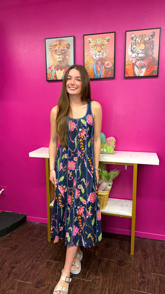 Navy Thin Strap Floral Dress