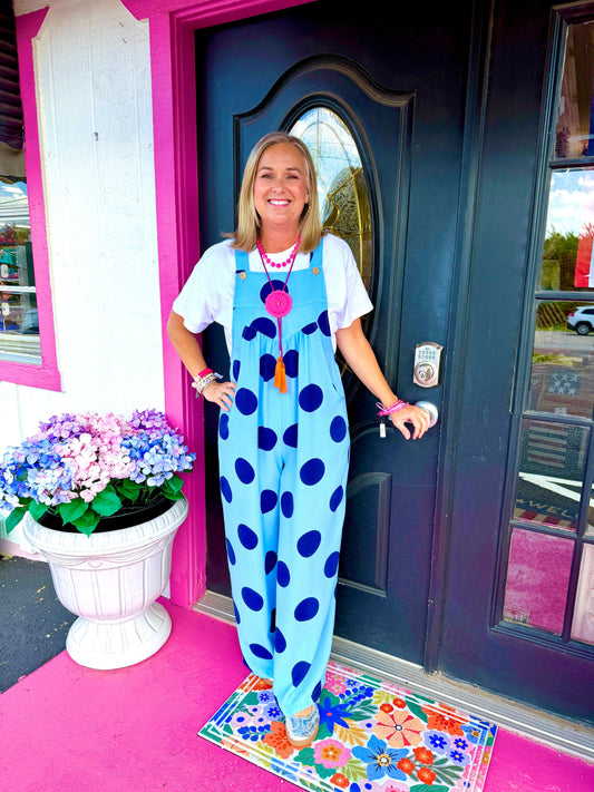 Blue Polka Dot Wide Leg Overalls