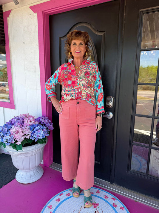 Peach Multi Linen V-Neck Top