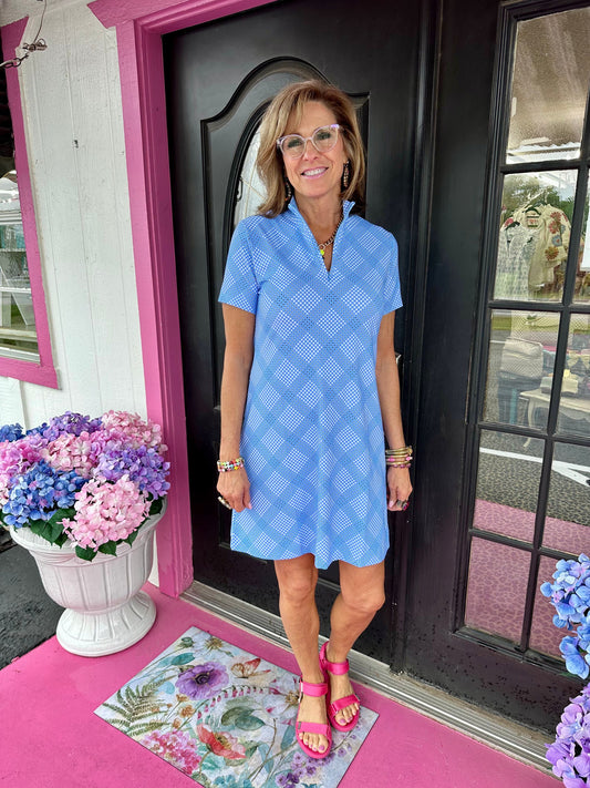 Blue Checkered Zip SS Dress