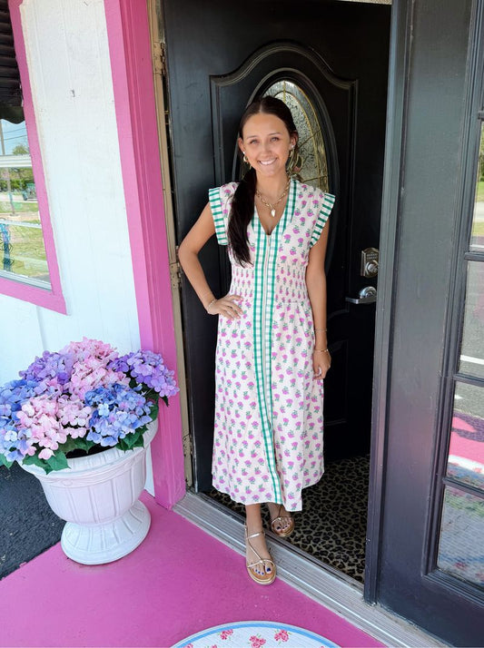 Cream Floral Smocked Zip Up Midi