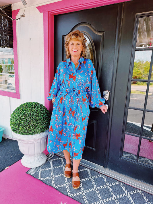 Pearl Blue Western Print Dress