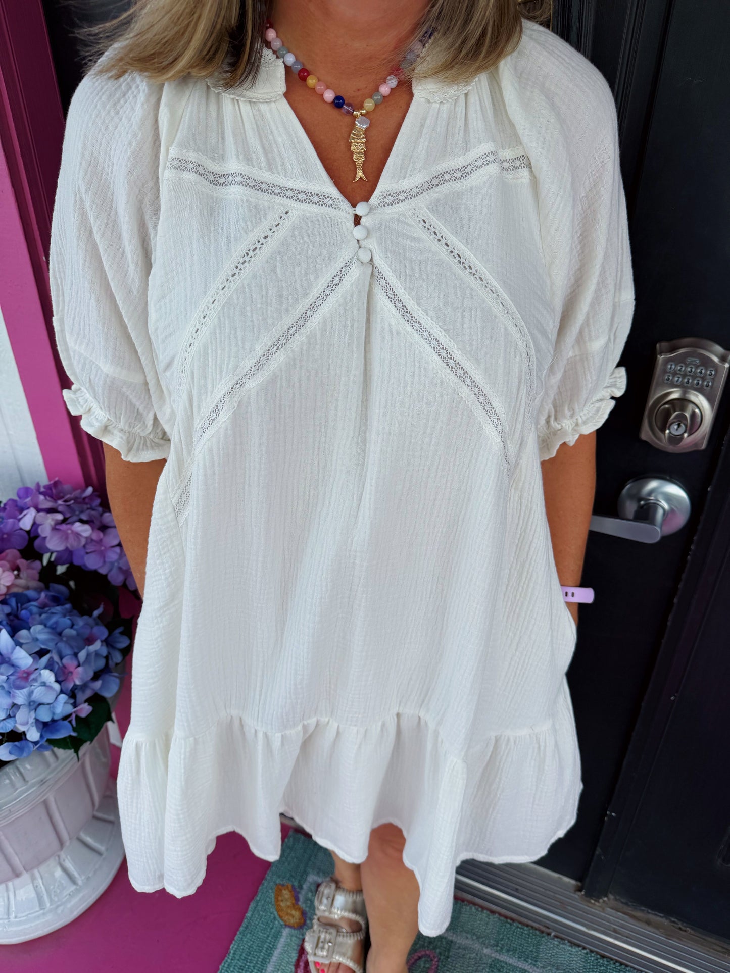 Cream Cotton Puff Slv Mini Dress