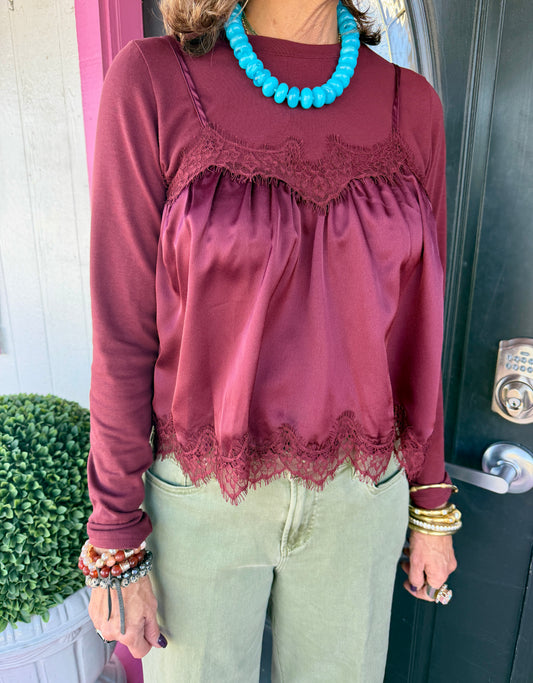 Wine Lace Cami LS Top