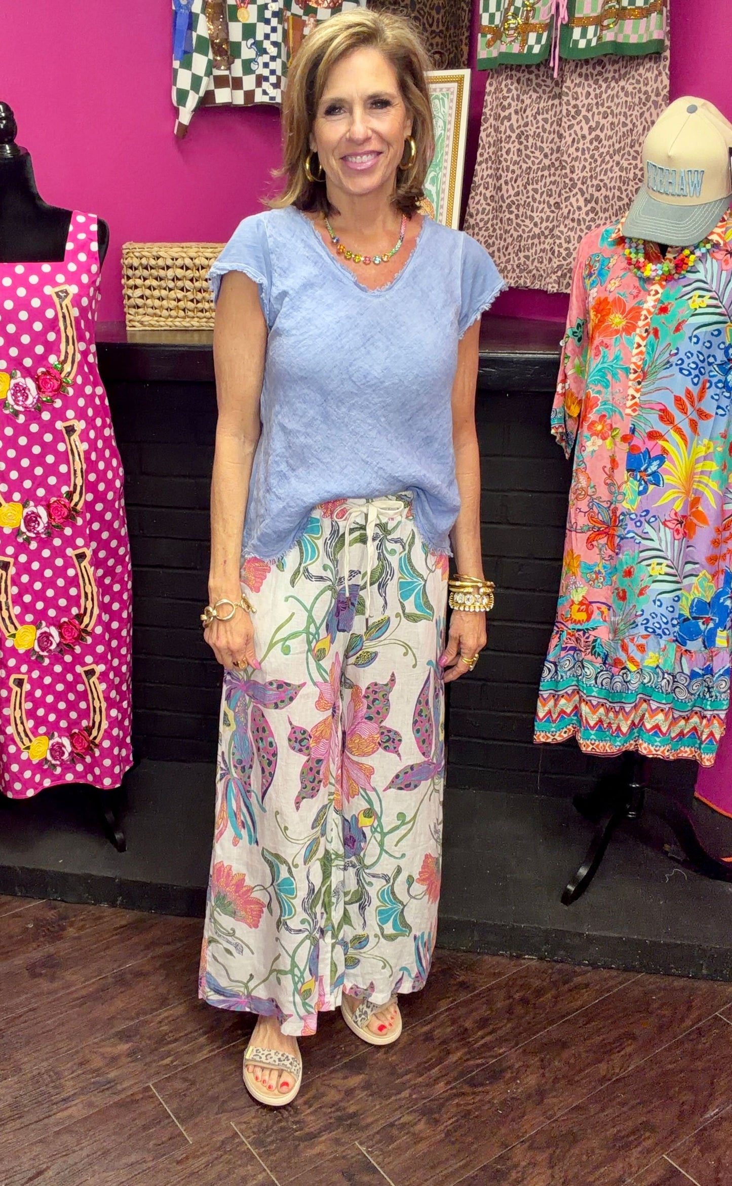 White Floral Linen Palazzo Pant