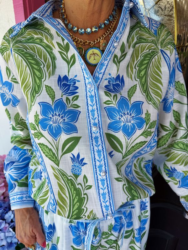 Blue & Green 3/4 Slv Pant Set