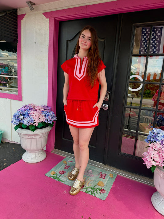 Red & Pink Scuba Skort Set