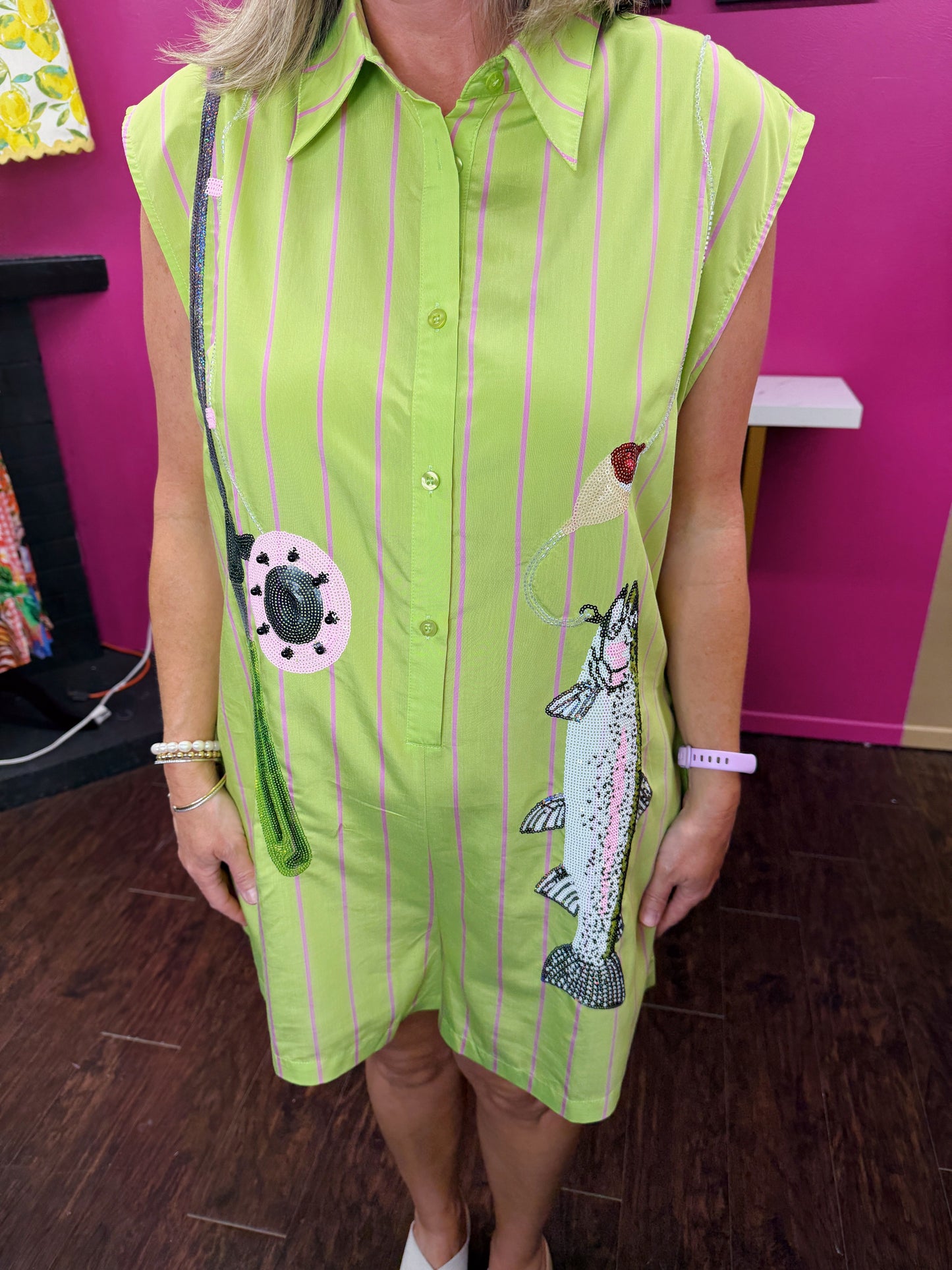 Lime Gr & Pink Stripe Fish Romper