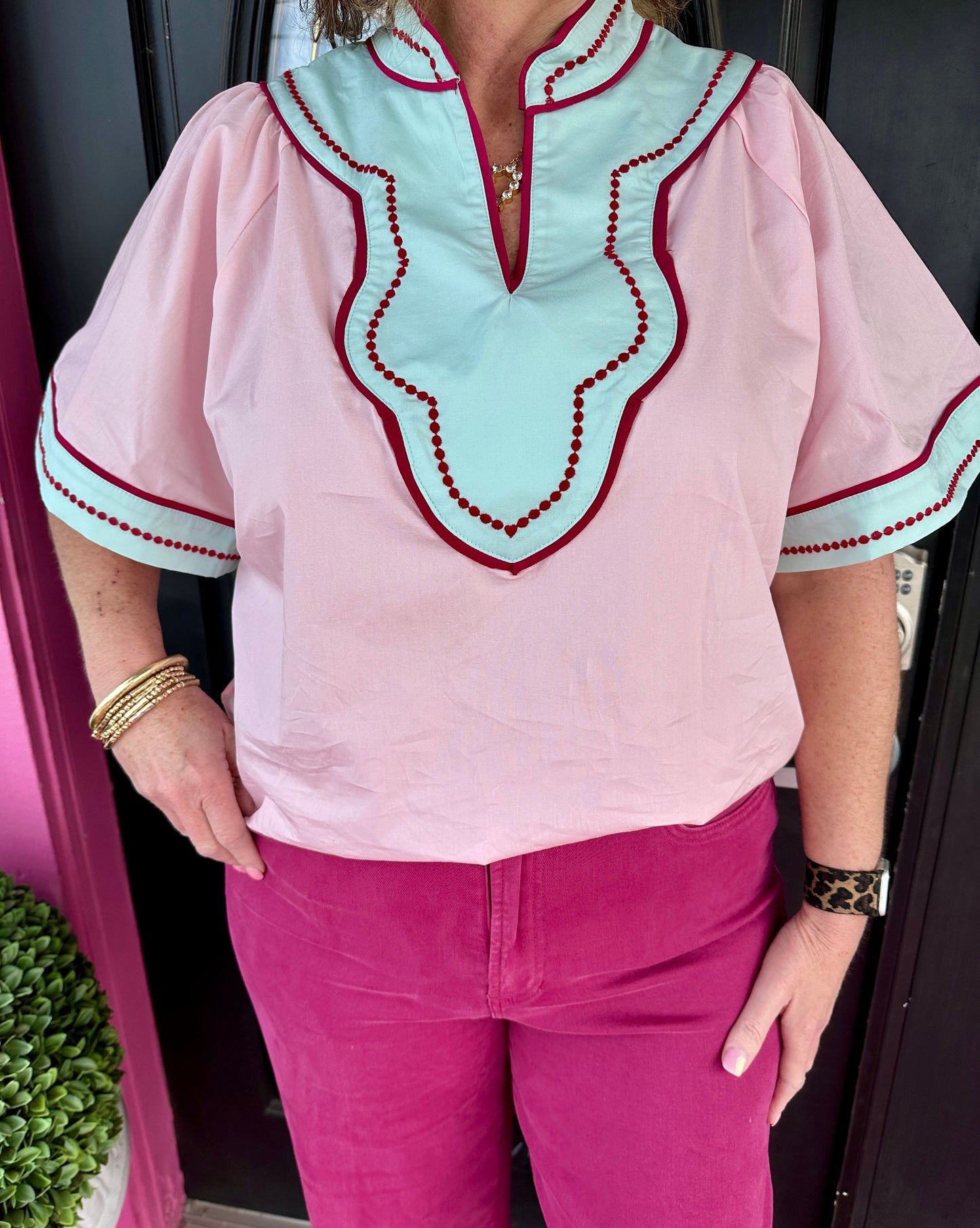 Pink Mint Wide Slv V-Neck Top