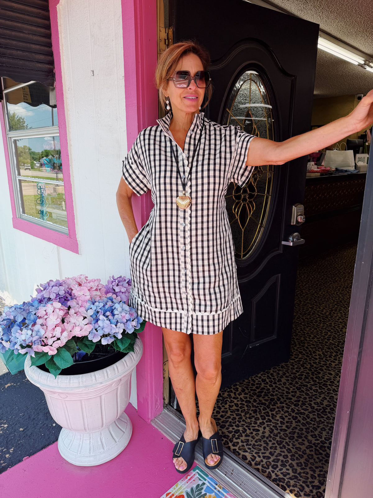 Black Plaid SS Belted Mini Dress