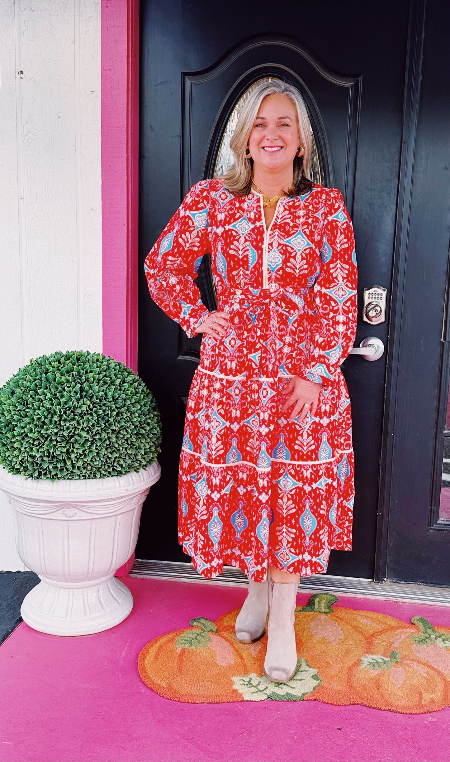 Red Print Midi Belted Dress