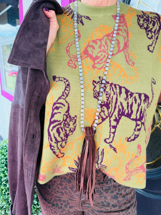 Olive Knit Top w/Multi Tigers