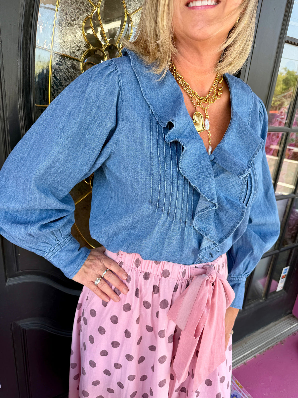 Denim V-Neck Ruffle Blouse