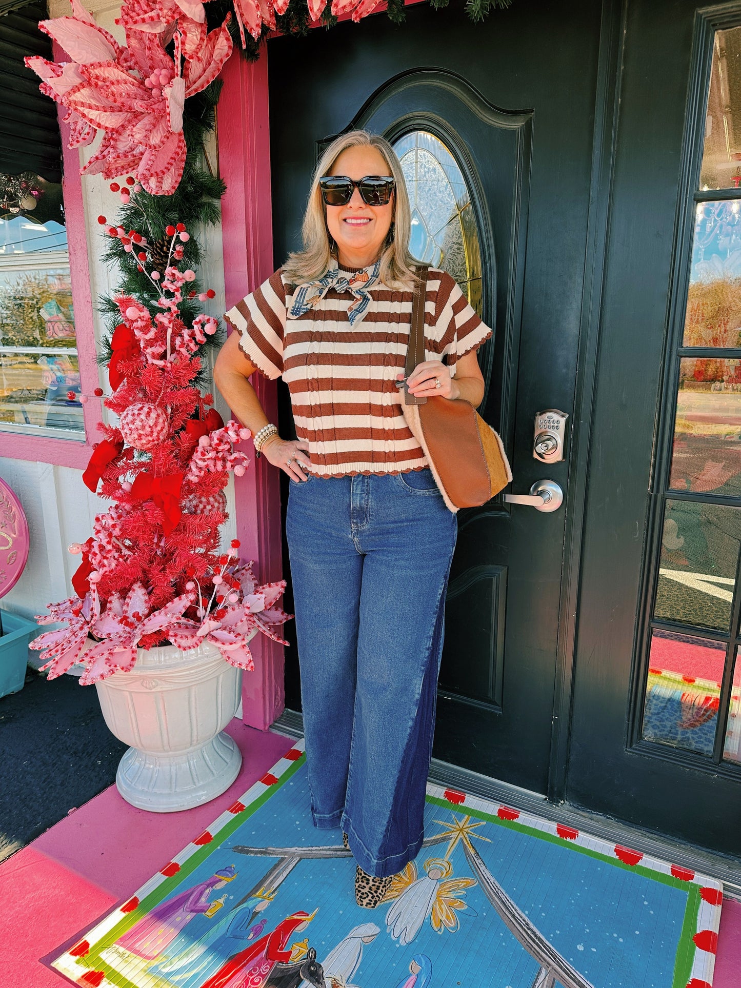 Brown SS Striped Knit Top