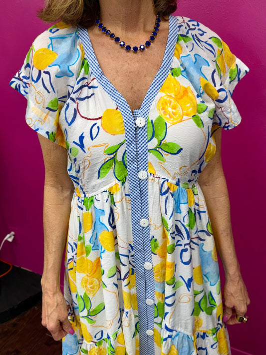 Lemon SS V-Neck Midi Dress