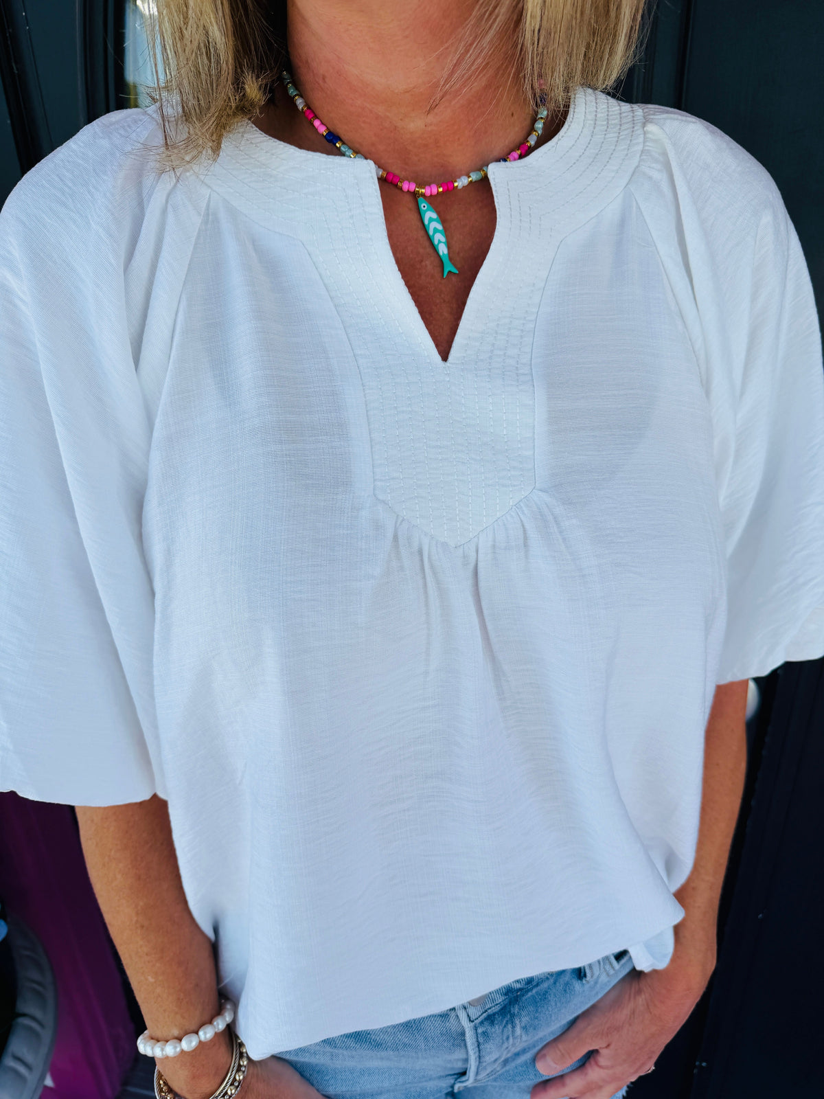 White Split Neck Puff Slv Top