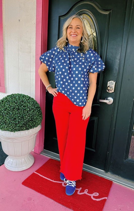 Blue Puff Sleeve Polka Dot Top