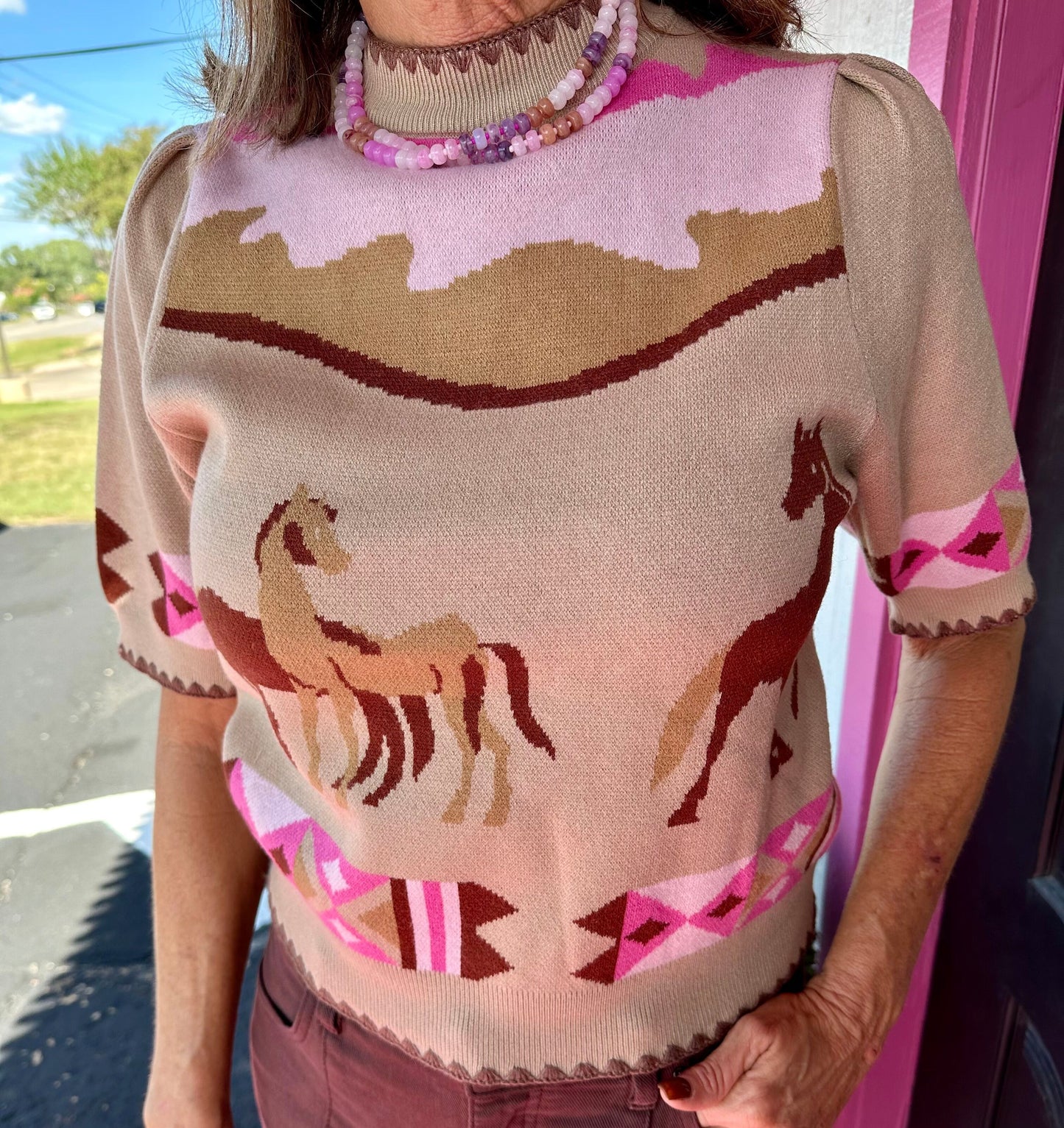 Beige Pink Pattern SS Sweater