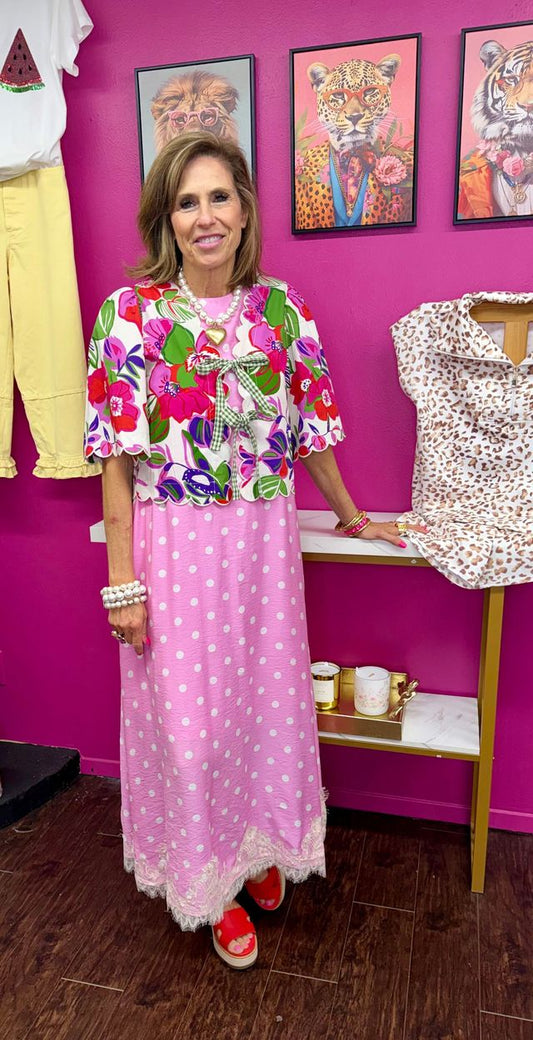 Pink SS Floral Tie Front Top