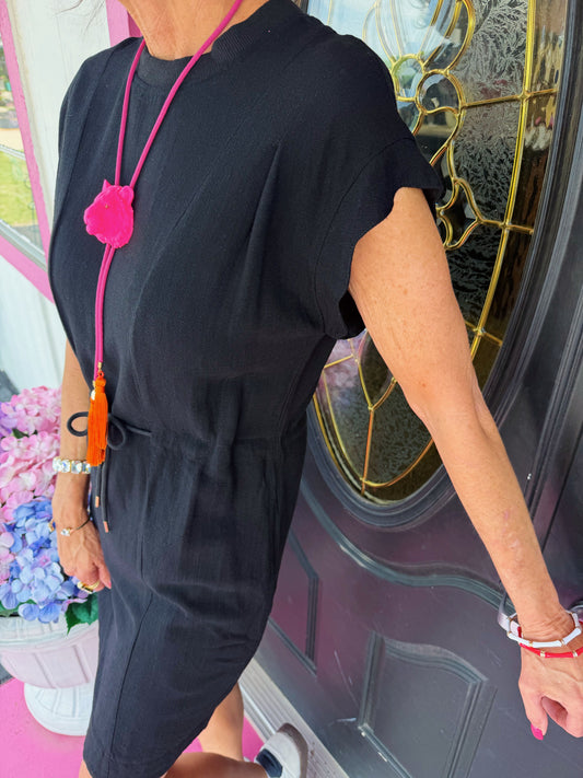 Black Linen Tie Waist Mini Dress