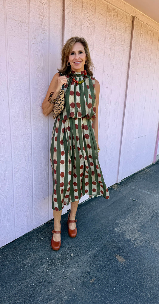 Olive/Rust Polka/Stripe Midi