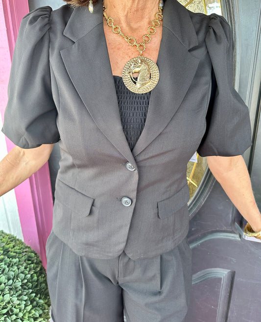 Black Popover Elastic Sleeve Top