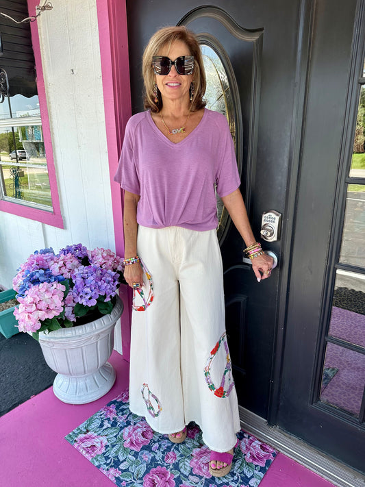 Cream Embroidered Wide Leg