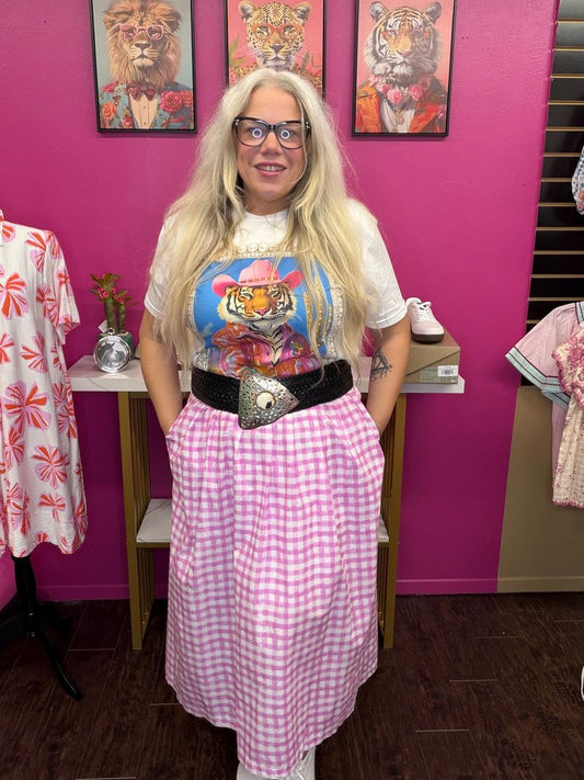 Pink Checkered Midi Skirt