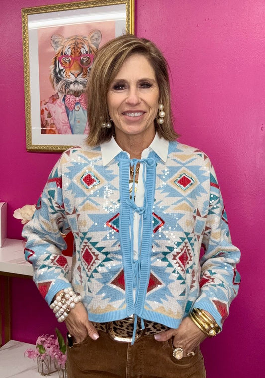 Blue Sequin Aztec Tie Sweater