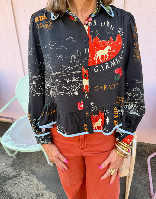 Black LS Western Print Top