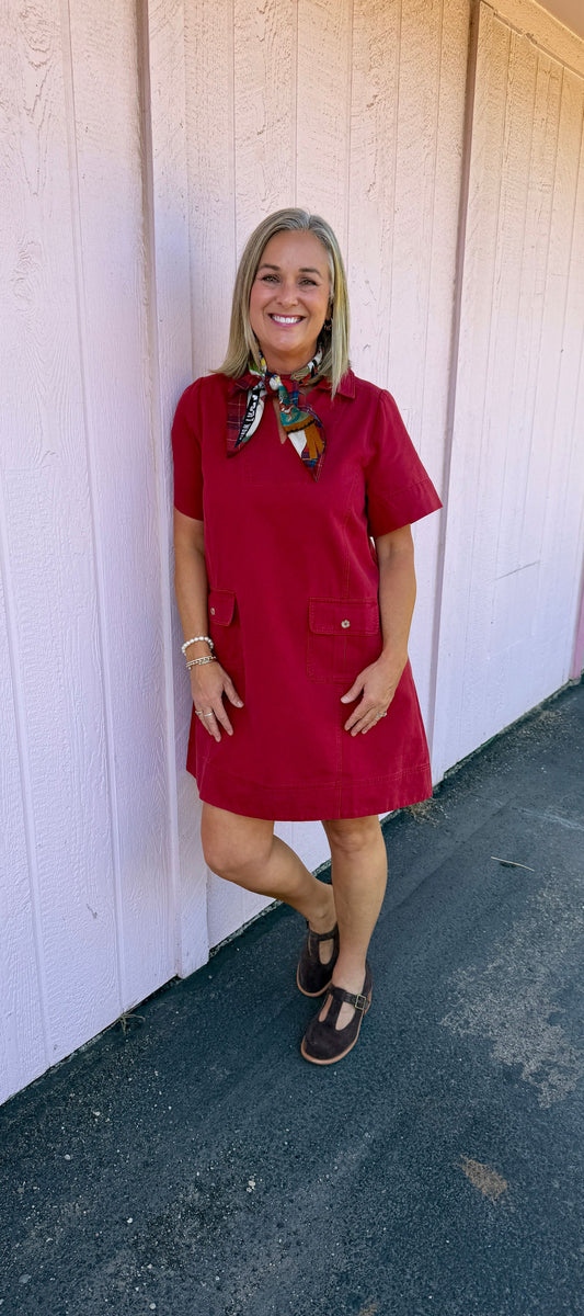 Red SS Dress w/Front Pockets