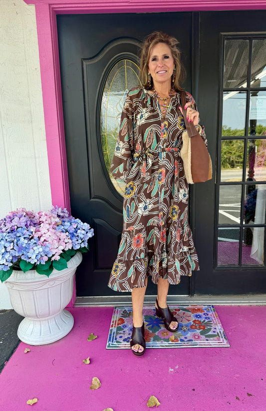 Brown Floral Belted LS Maxi
