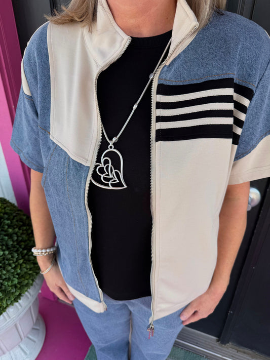 Beige Denim Contrast Pant Set