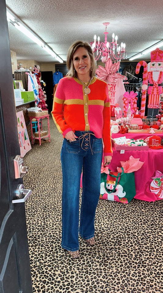 Red/Pink Colorblocked Cardigan