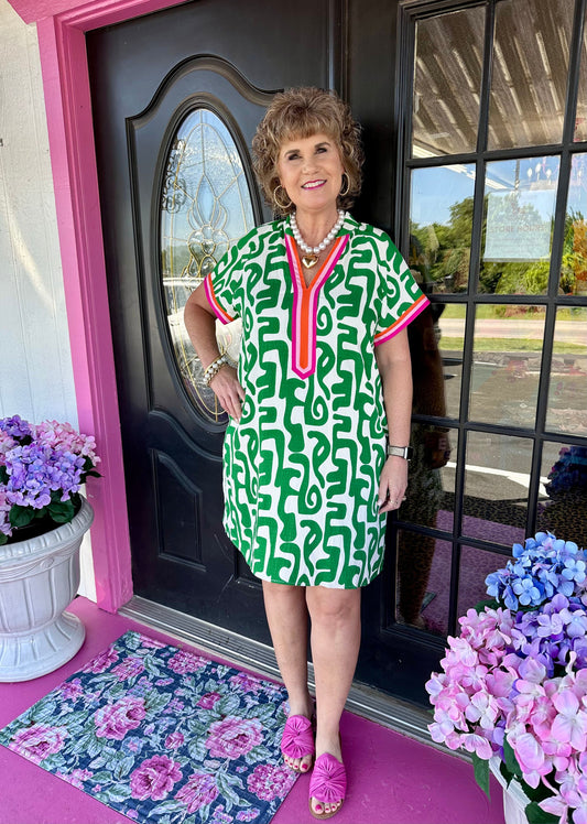 Green Print Pink Trim Dress